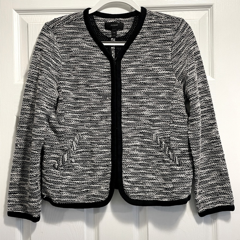J. CREW Black & White TEXTURED Knit 3/4 Sleeve HOOK/EYE Closure JACKET SZ Medium